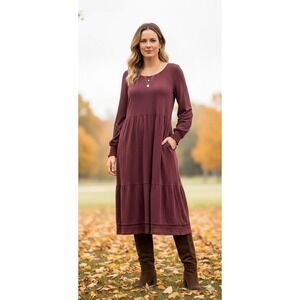 Canyon Retreat‎ Tiered Midi Dress Women Large Burgundy Long Sleeve Cotton Blend